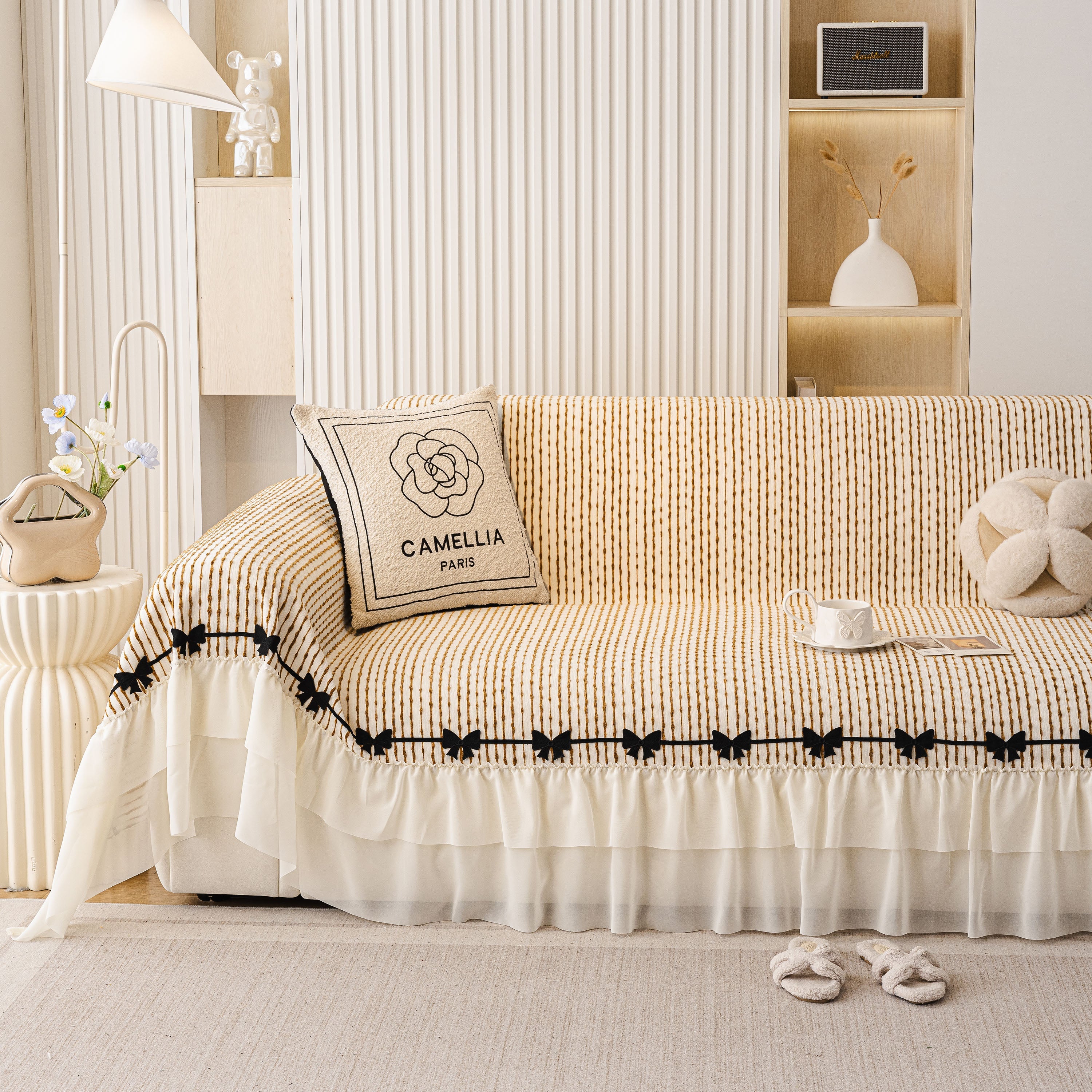 Ruffled Sofa Cover with Bowknot Decor, French Country Style Skirted Couch Slipcover