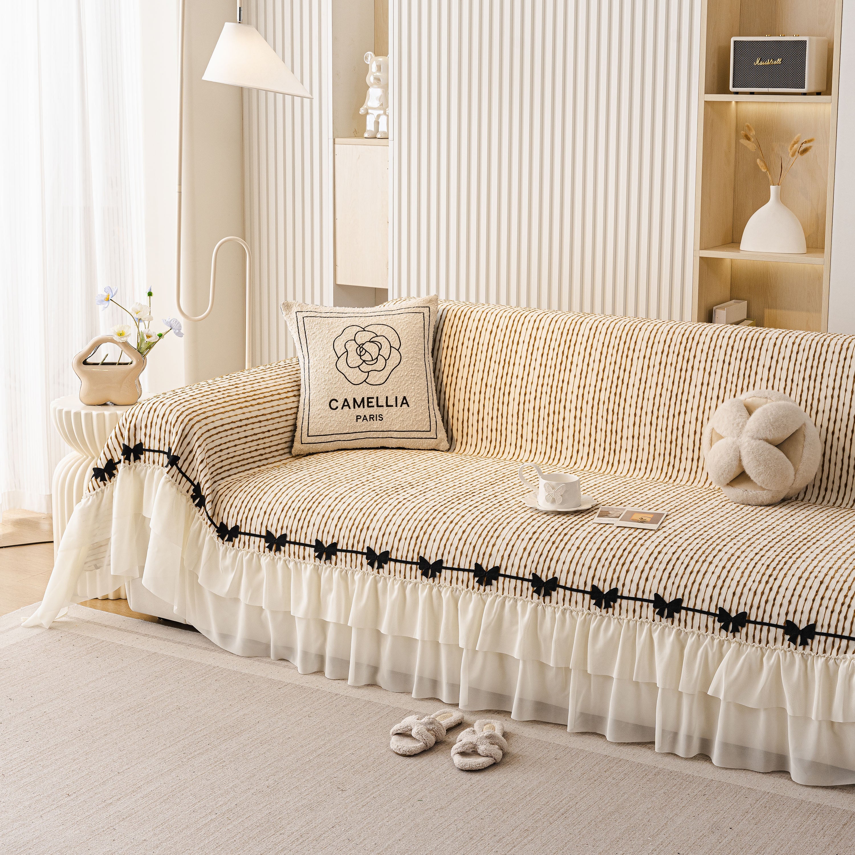 Ruffled Sofa Cover with Bowknot Decor, French Country Style Skirted Couch Slipcover