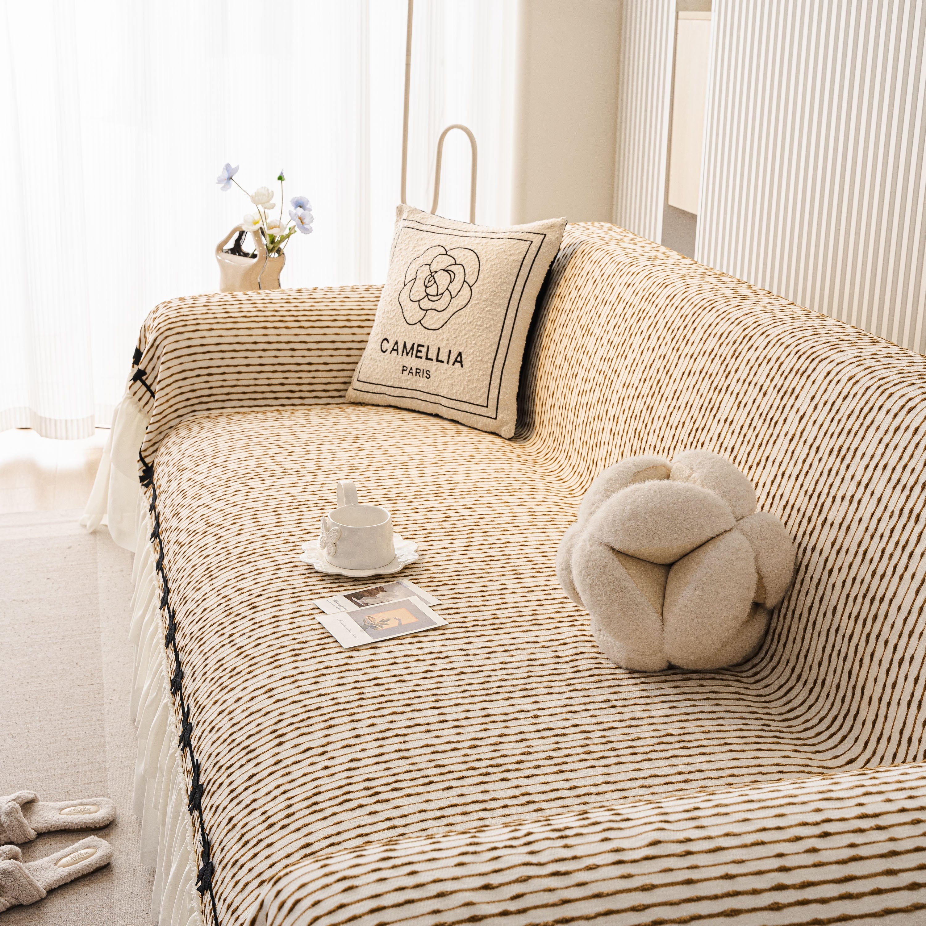 Ruffled Sofa Cover with Bowknot Decor, French Country Style Skirted Couch Slipcover