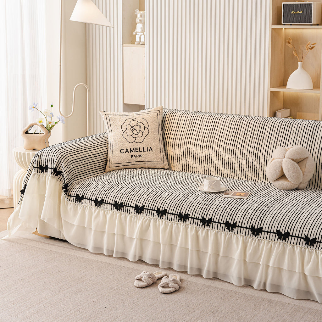 Ruffled Sofa Cover with Bowknot Decor, French Country Style Skirted Couch Slipcover