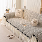 Ruffled Sofa Cover with Bowknot Decor, French Country Style Skirted Couch Slipcover