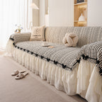 Ruffled Sofa Cover with Bowknot Decor, French Country Style Skirted Couch Slipcover