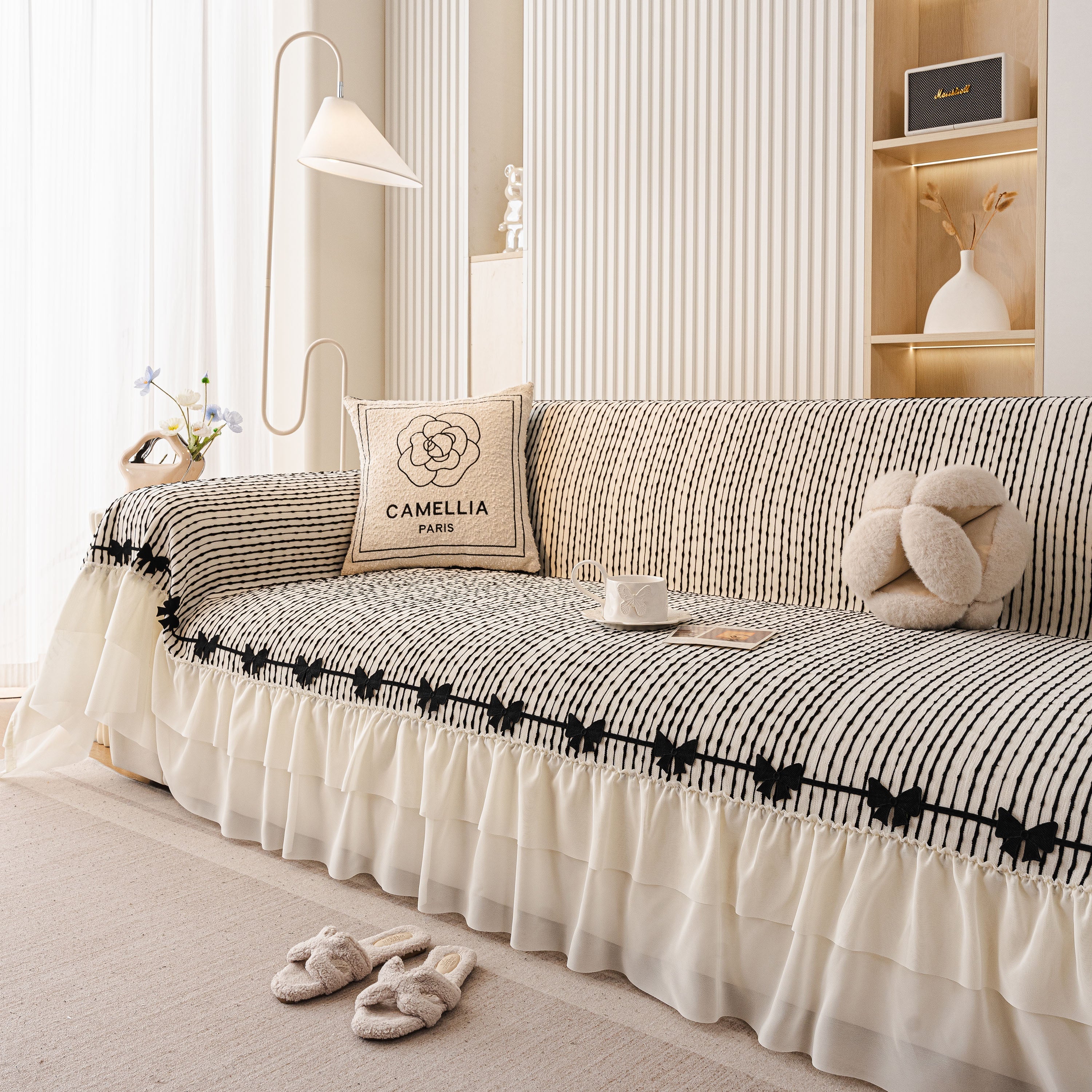 Ruffled Sofa Cover with Bowknot Decor, French Country Style Skirted Couch Slipcover