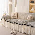 Ruffled Sofa Cover with Bowknot Decor, French Country Style Skirted Couch Slipcover