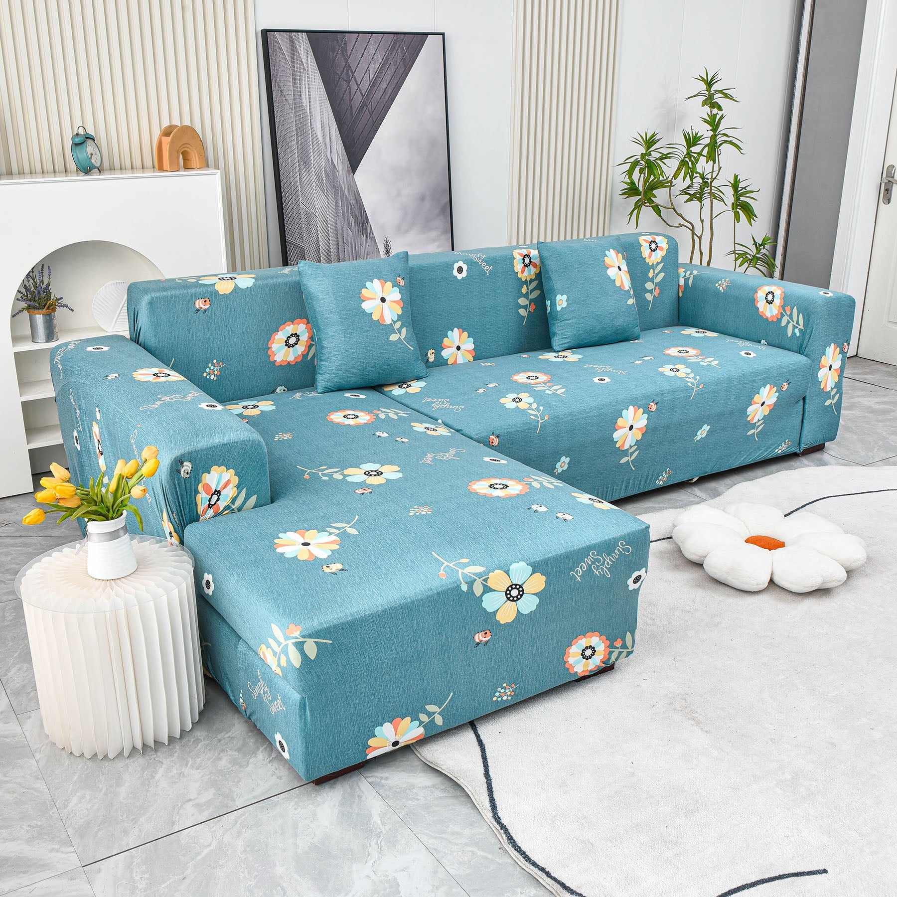 Boho Printed Sofa Slipcover, Stretch Furniture Protector for Sectional L-Shaped Sofa