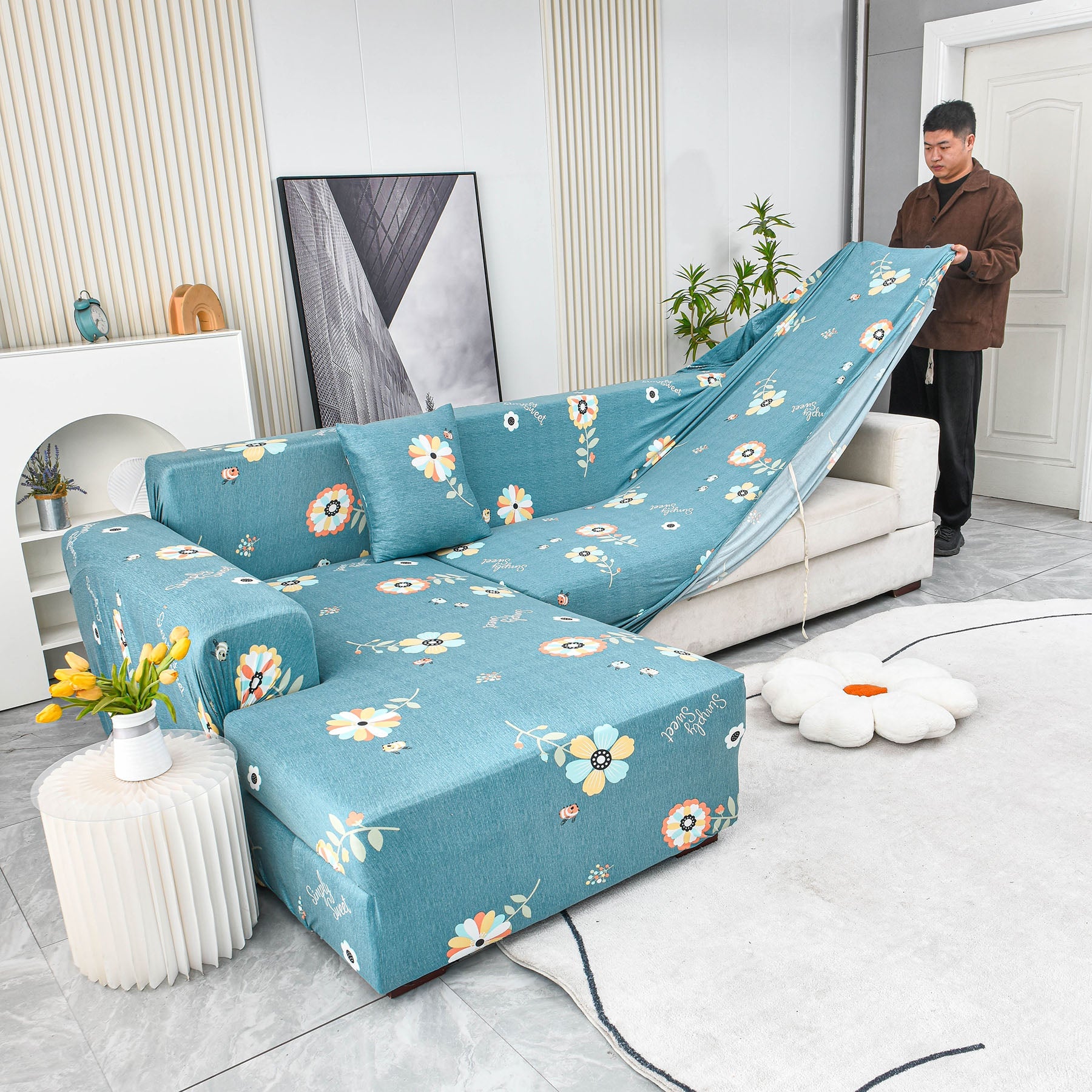 Boho Printed Sofa Slipcover, Stretch Furniture Protector for Sectional L-Shaped Sofa