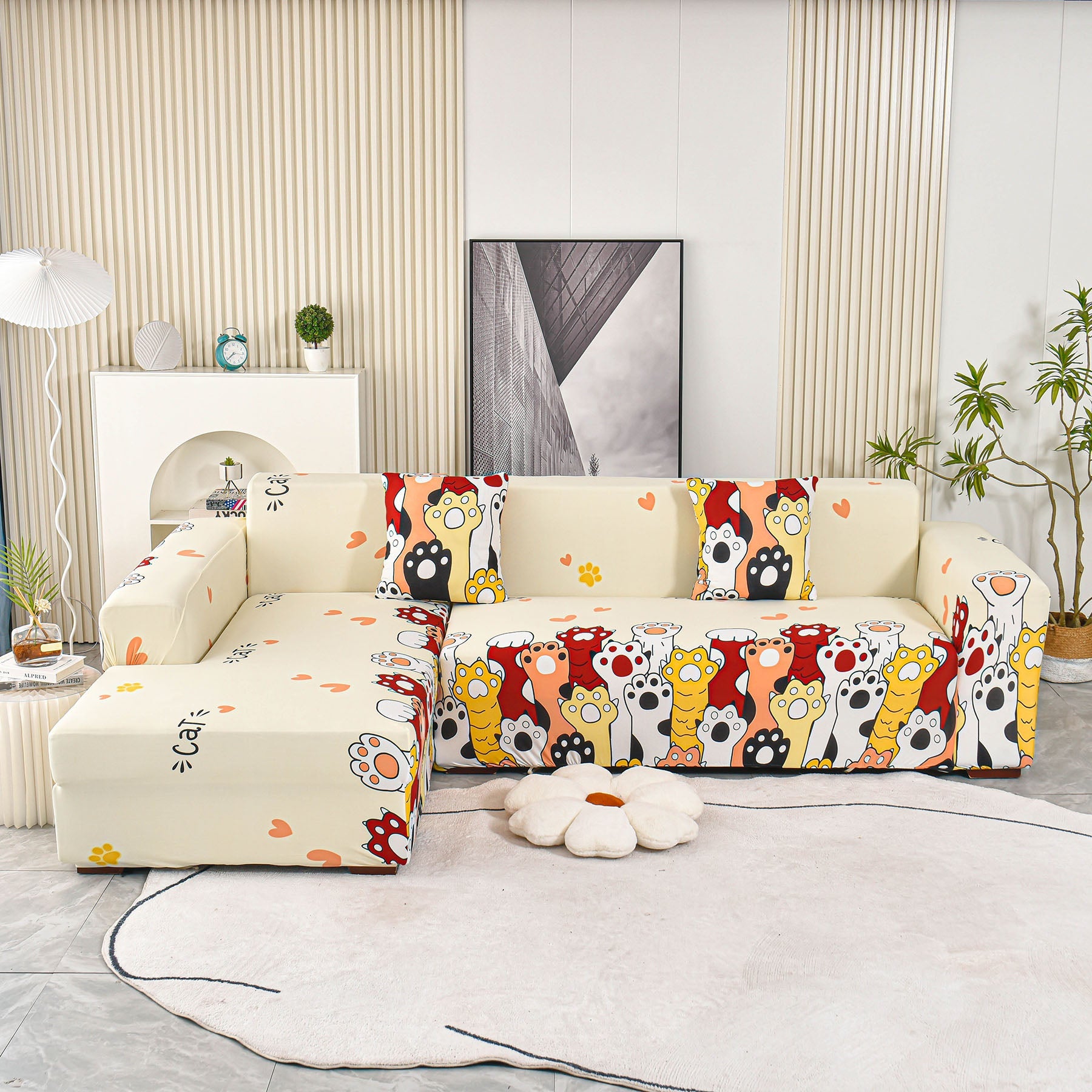 Boho Printed Sofa Slipcover, Stretch Furniture Protector for Sectional L-Shaped Sofa