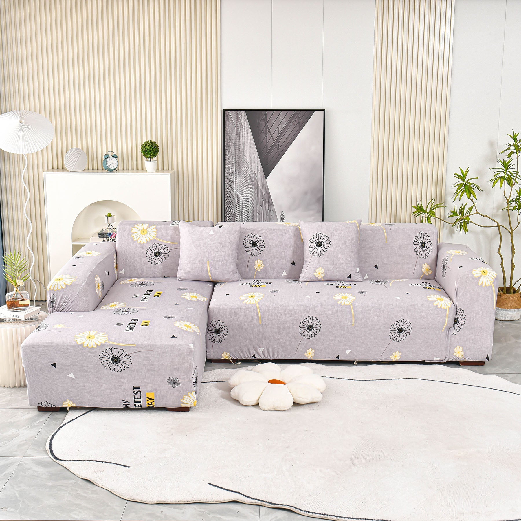 Boho Printed Sofa Slipcover, Stretch Furniture Protector for Sectional L-Shaped Sofa