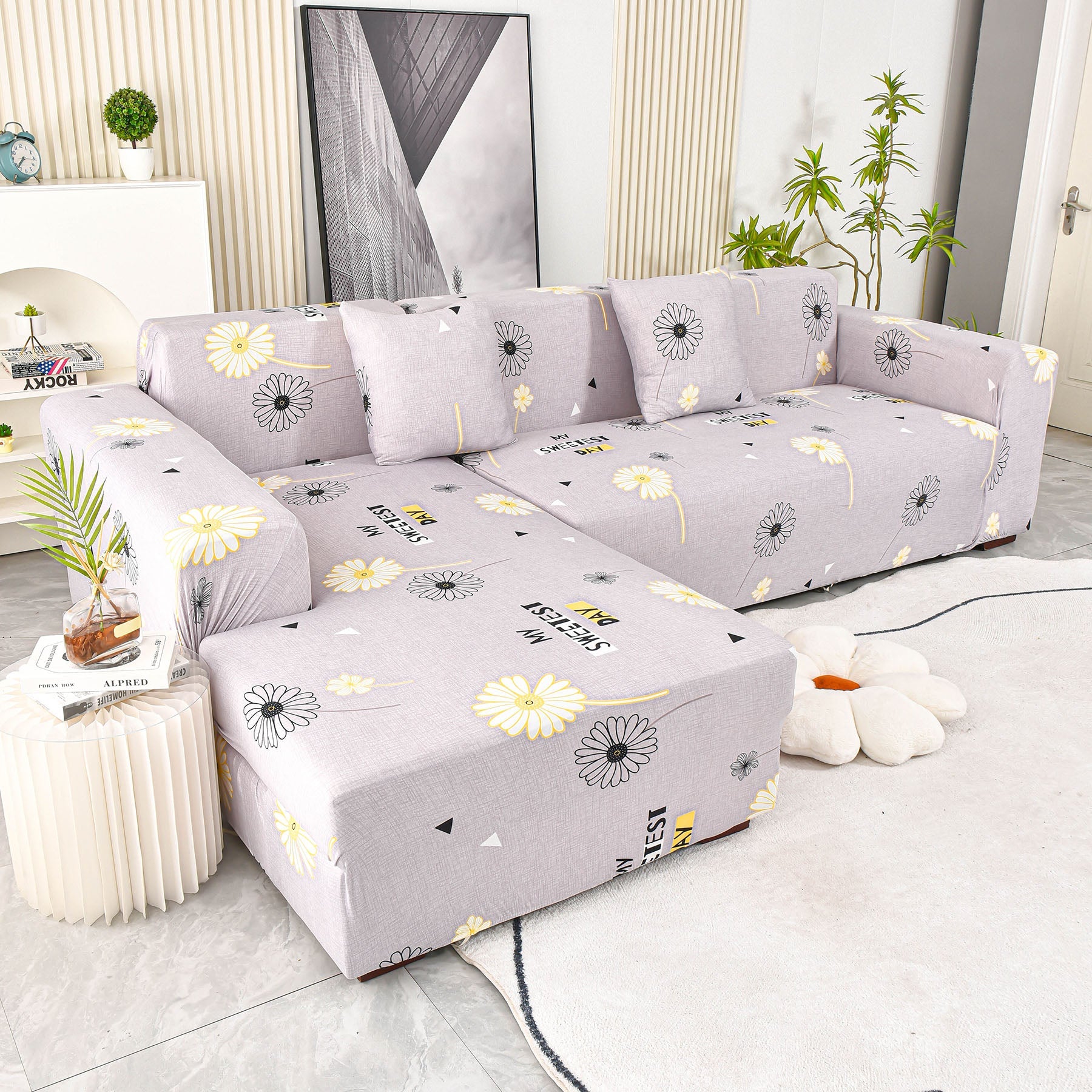 Boho Printed Sofa Slipcover, Stretch Furniture Protector for Sectional L-Shaped Sofa