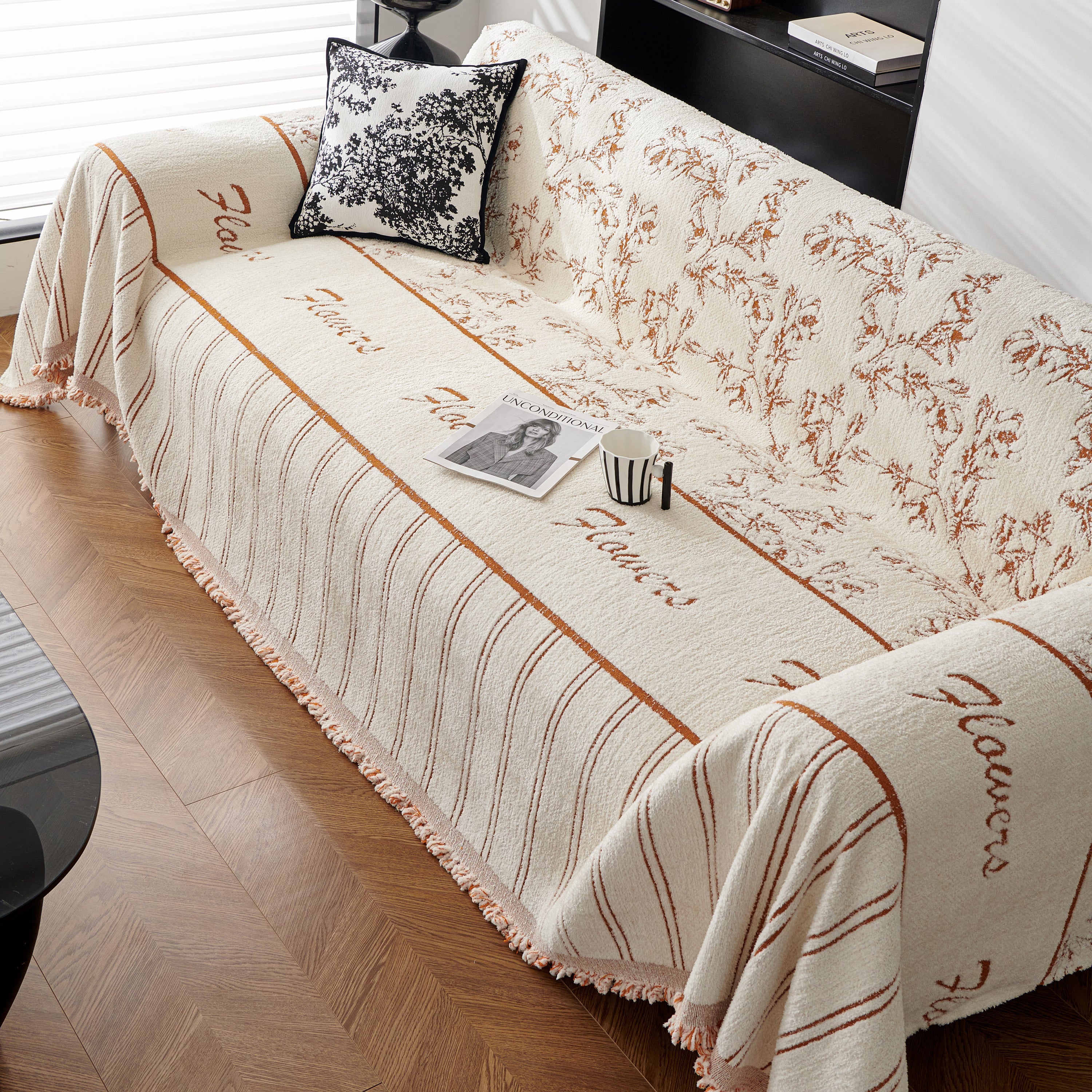 Chenille Striped Floral Couch Cover Sofa Slipcover for Most Shape Sofas, Reversible Sofa Throw Cover
