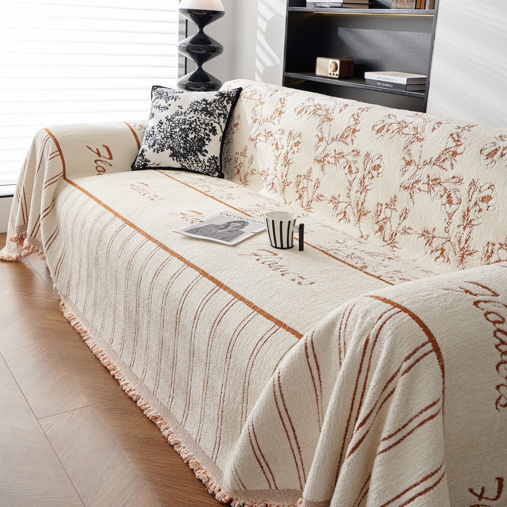 Chenille Striped Floral Couch Cover Sofa Slipcover for Most Shape Sofas, Reversible Sofa Throw Cover