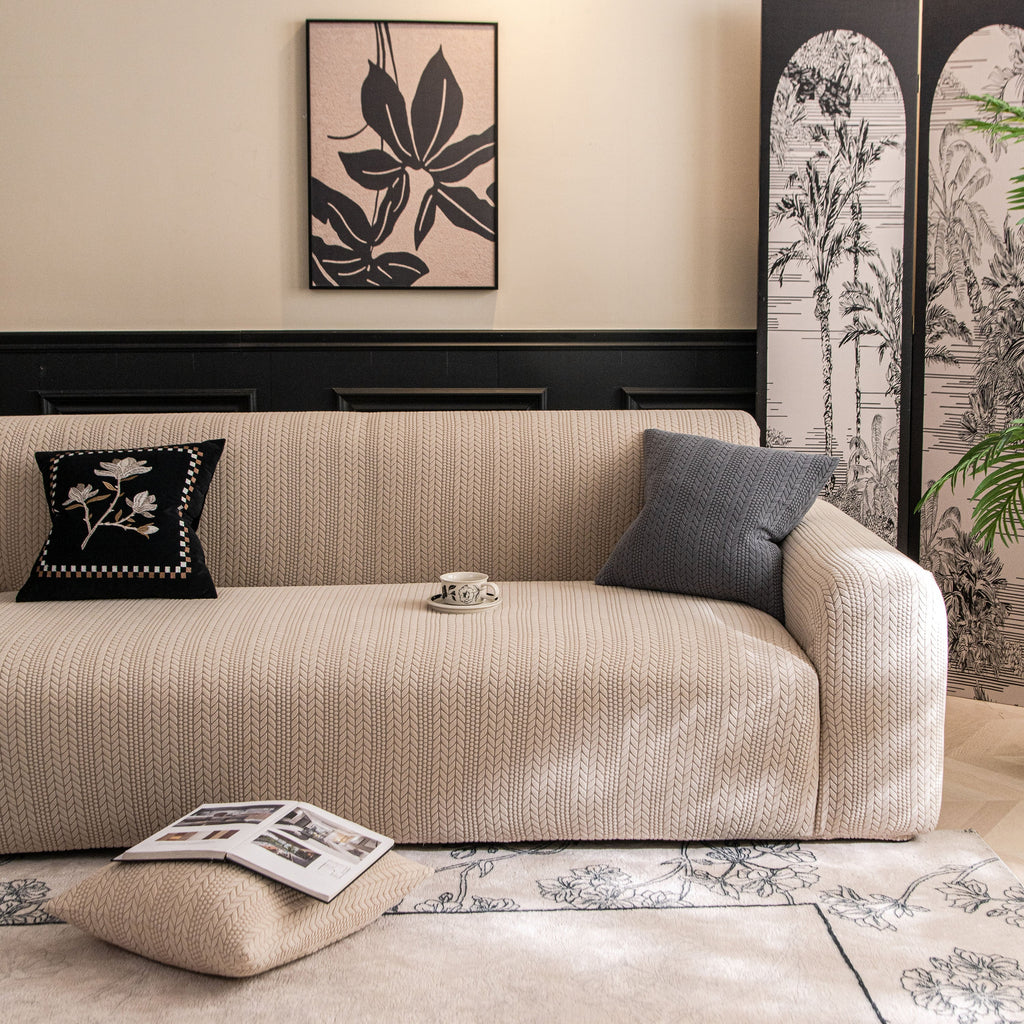 High Stretch Wheat Ear Embossed Textured Couch Slipcover, Water Repellent Sofa Cover