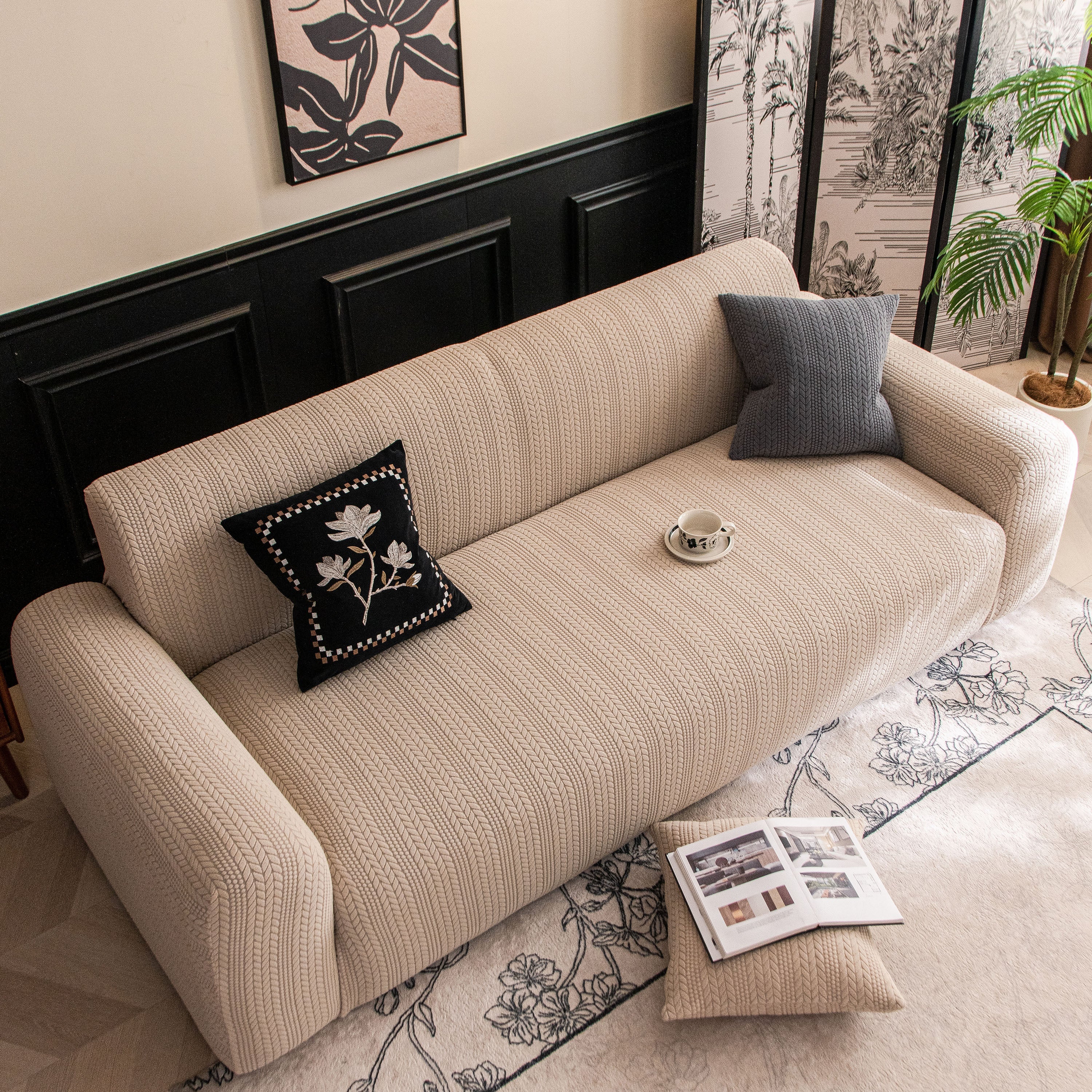High Stretch Wheat Ear Embossed Textured Couch Slipcover, Water Repellent Sofa Cover