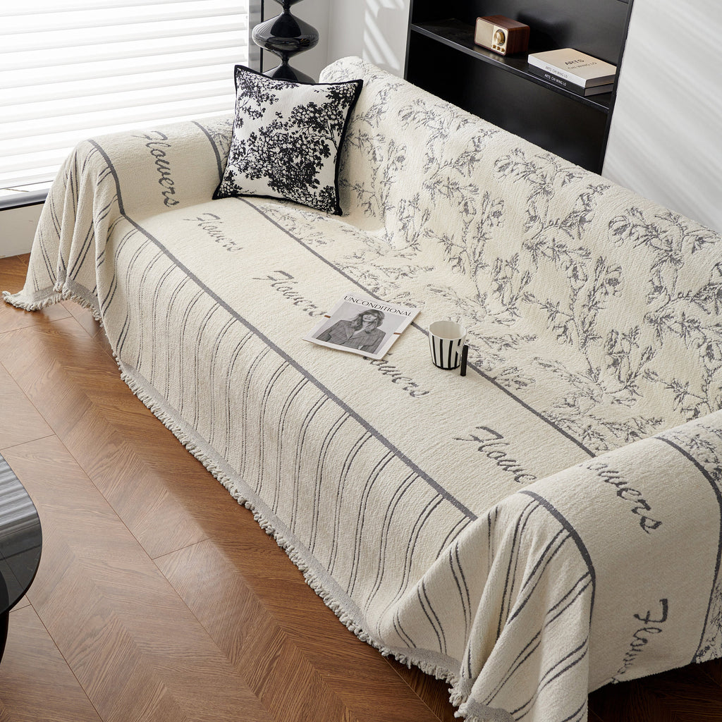 Chenille Striped Floral Couch Cover Sofa Slipcover for Most Shape Sofas, Reversible Sofa Throw Cover