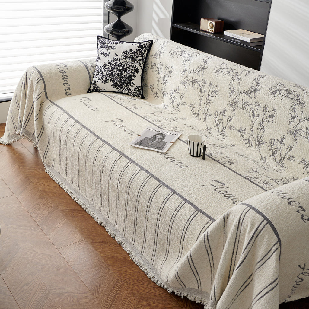 Chenille Striped Floral Couch Cover Sofa Slipcover for Most Shape Sofas, Reversible Sofa Throw Cover