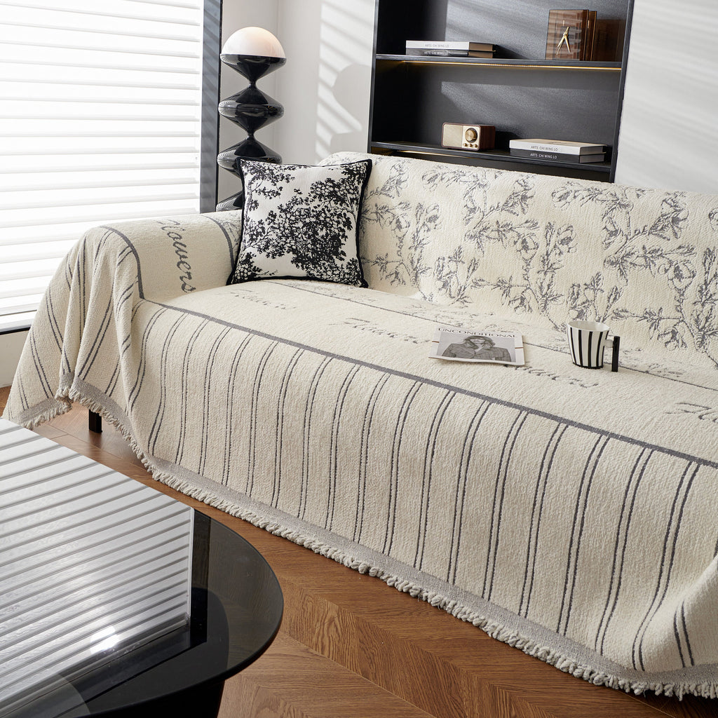 Chenille Striped Floral Couch Cover Sofa Slipcover for Most Shape Sofas, Reversible Sofa Throw Cover