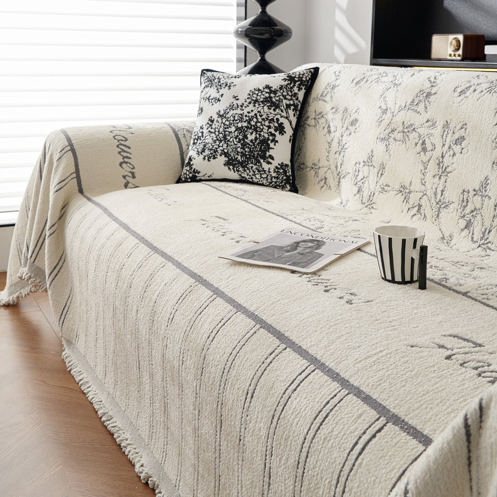 Chenille Striped Floral Couch Cover Sofa Slipcover for Most Shape Sofas, Reversible Sofa Throw Cover