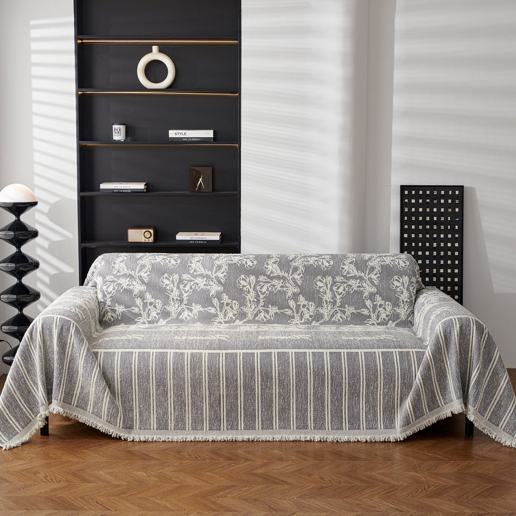 Chenille Striped Floral Couch Cover Sofa Slipcover for Most Shape Sofas, Reversible Sofa Throw Cover