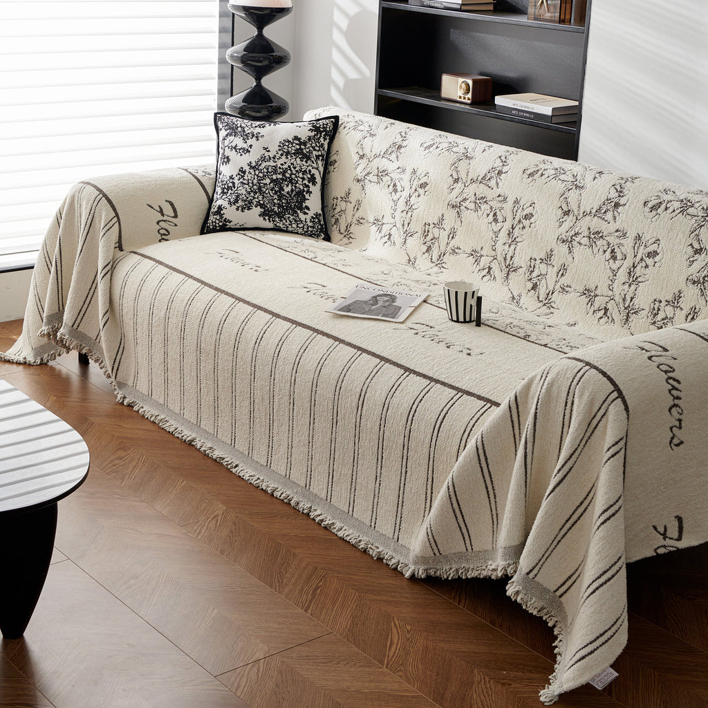 Chenille Striped Floral Couch Cover Sofa Slipcover for Most Shape Sofas, Reversible Sofa Throw Cover