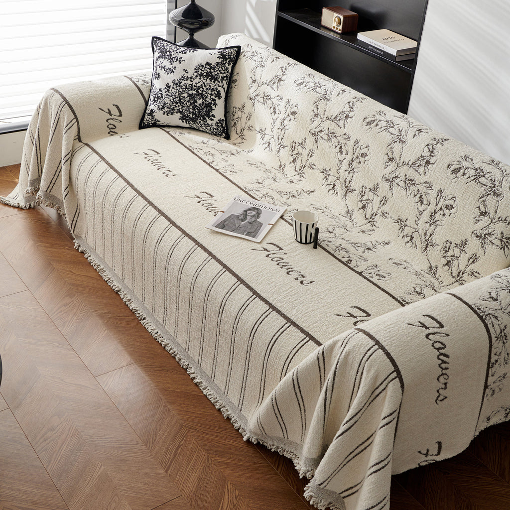 Chenille Striped Floral Couch Cover Sofa Slipcover for Most Shape Sofas, Reversible Sofa Throw Cover