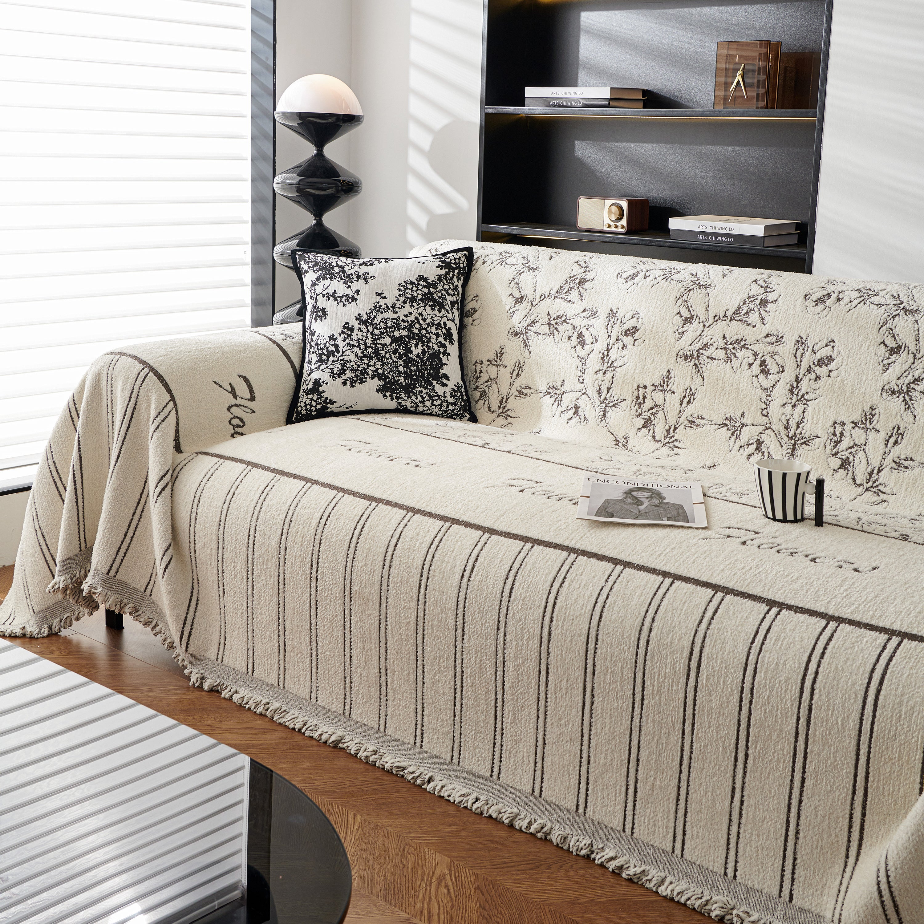 Chenille Striped Floral Couch Cover Sofa Slipcover for Most Shape Sofas, Reversible Sofa Throw Cover