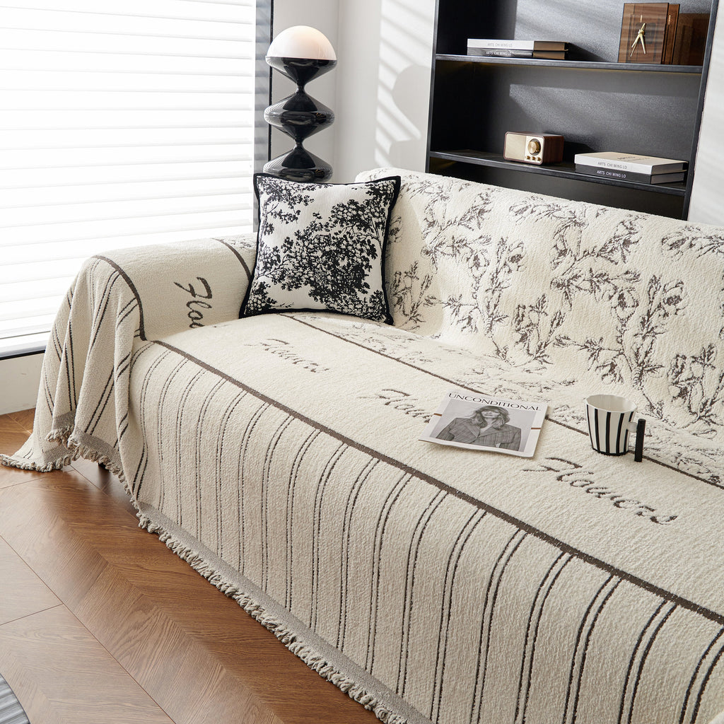 Chenille Striped Floral Couch Cover Sofa Slipcover for Most Shape Sofas, Reversible Sofa Throw Cover