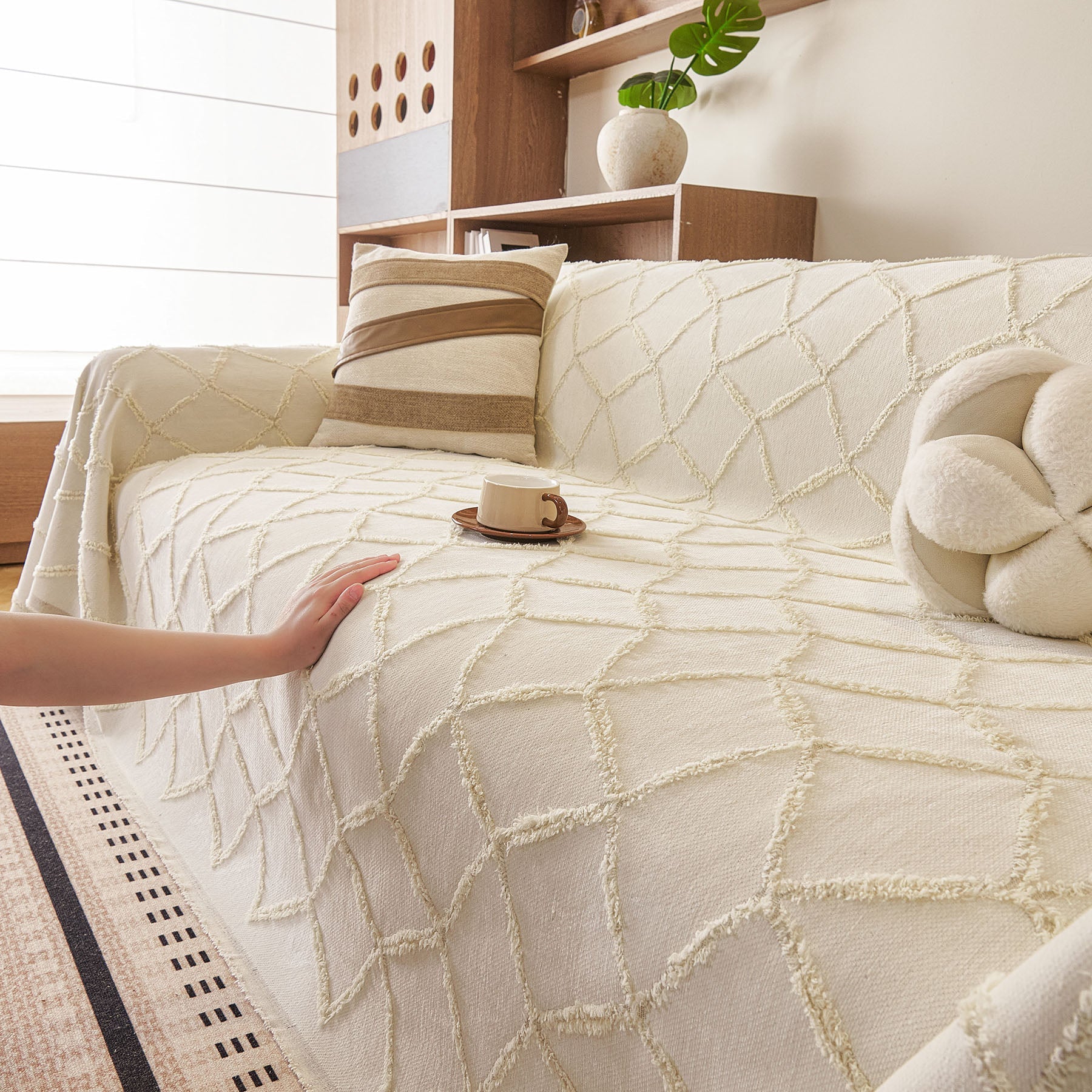 Soft Chenille Sofa Throw Cover, Raised Geometric Texture Furniture Protector Blanket