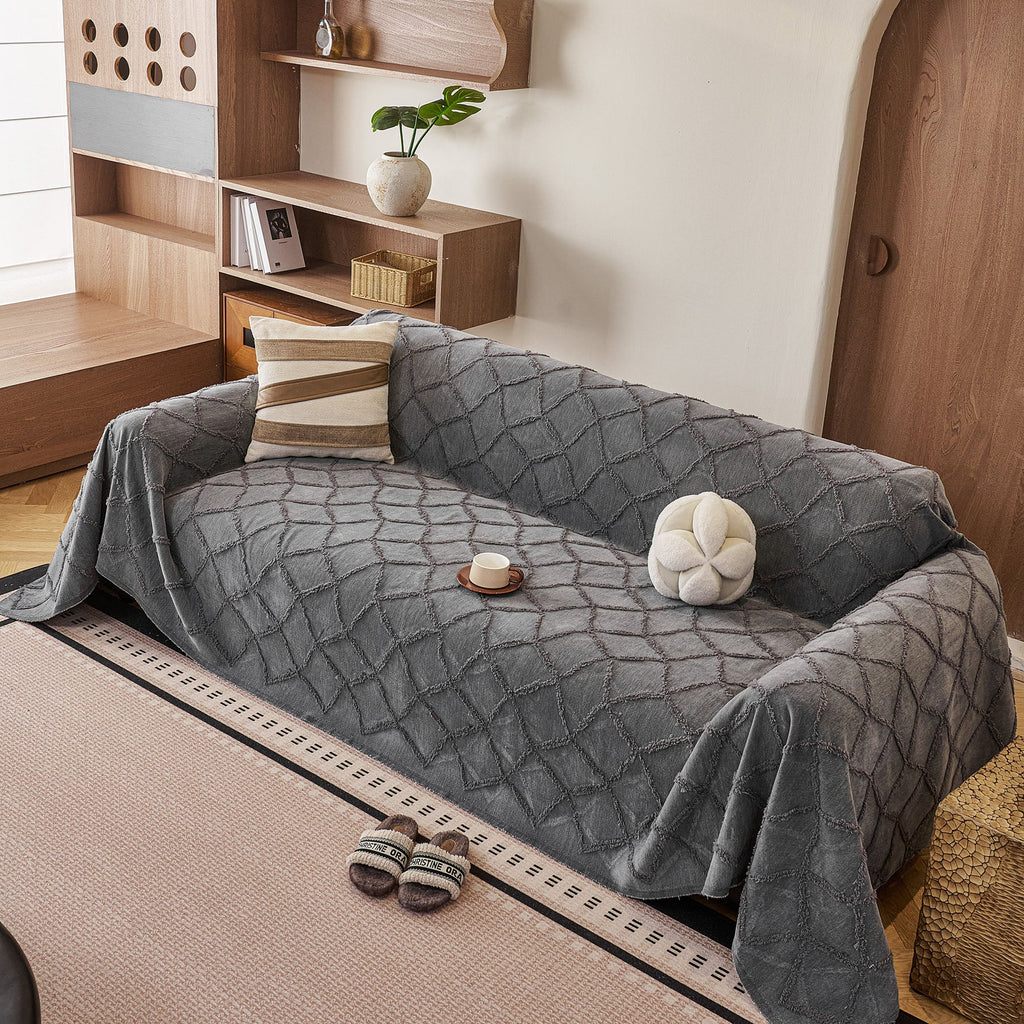 Soft Chenille Sofa Throw Cover, Raised Geometric Texture Furniture Protector Blanket