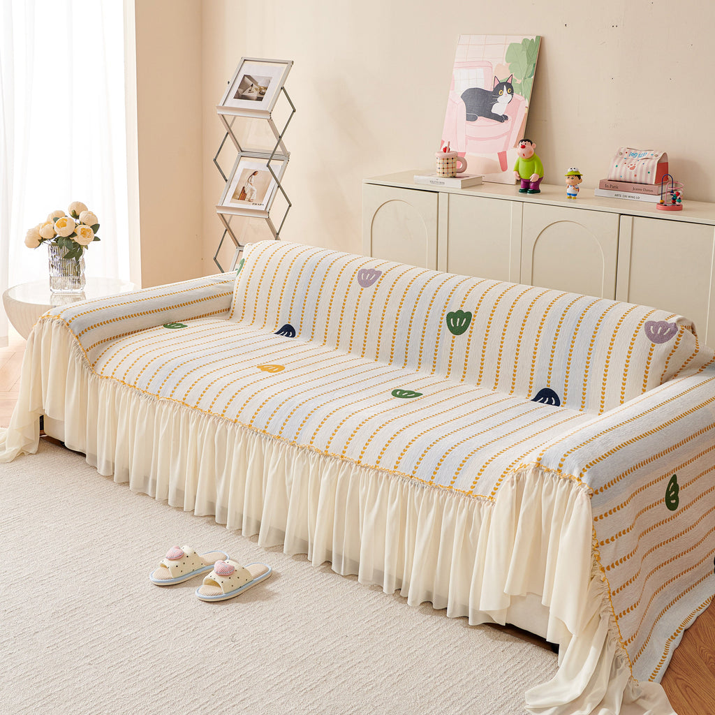 Cute Dotted Stripe Couch Protector, Non-Slip Washable Sofa Cover with Ruffled Skirt