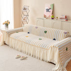 Cute Dotted Stripe Couch Protector, Non-Slip Washable Sofa Cover with Ruffled Skirt