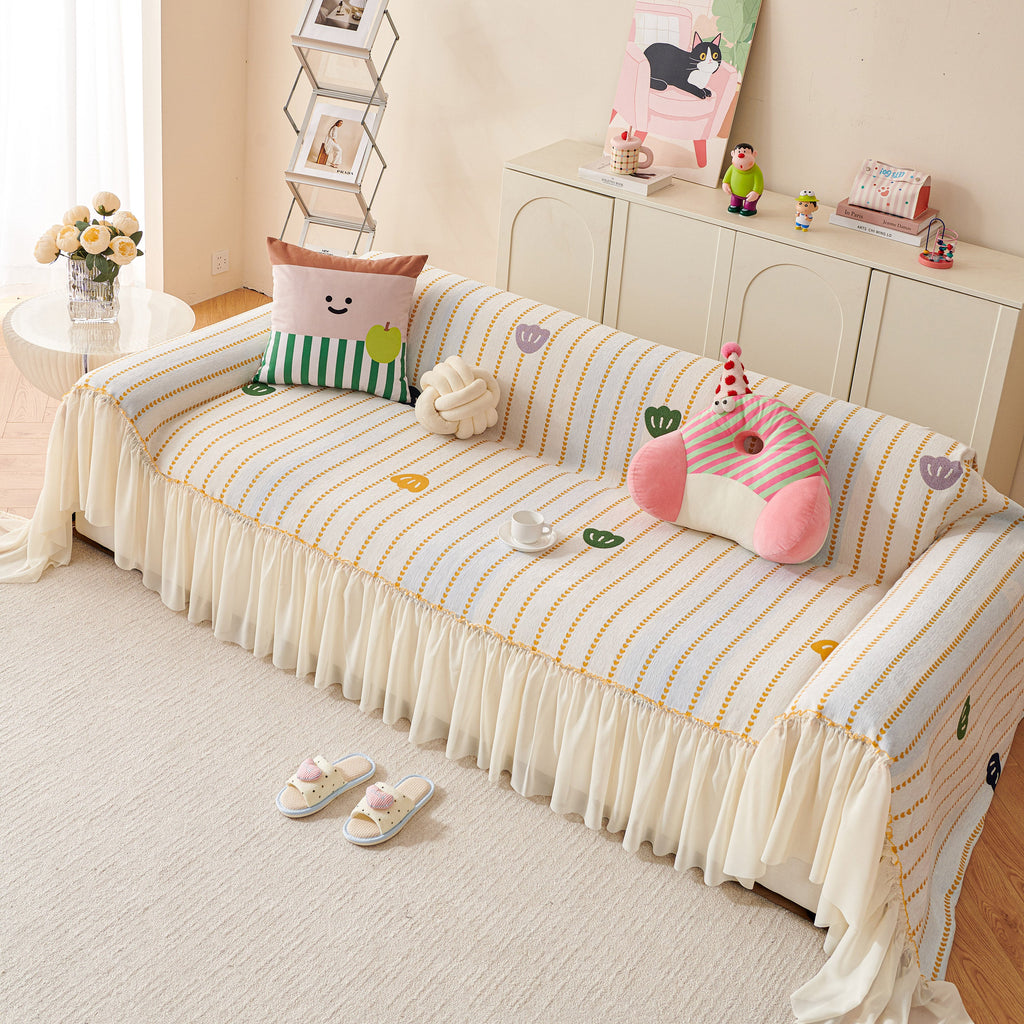 Cute Dotted Stripe Couch Protector, Non-Slip Washable Sofa Cover with Ruffled Skirt