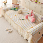 Cute Dotted Stripe Couch Protector, Non-Slip Washable Sofa Cover with Ruffled Skirt