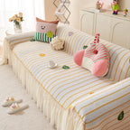 Cute Dotted Stripe Couch Protector, Non-Slip Washable Sofa Cover with Ruffled Skirt