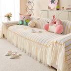 Cute Dotted Stripe Couch Protector, Non-Slip Washable Sofa Cover with Ruffled Skirt