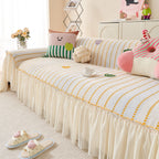 Cute Dotted Stripe Couch Protector, Non-Slip Washable Sofa Cover with Ruffled Skirt
