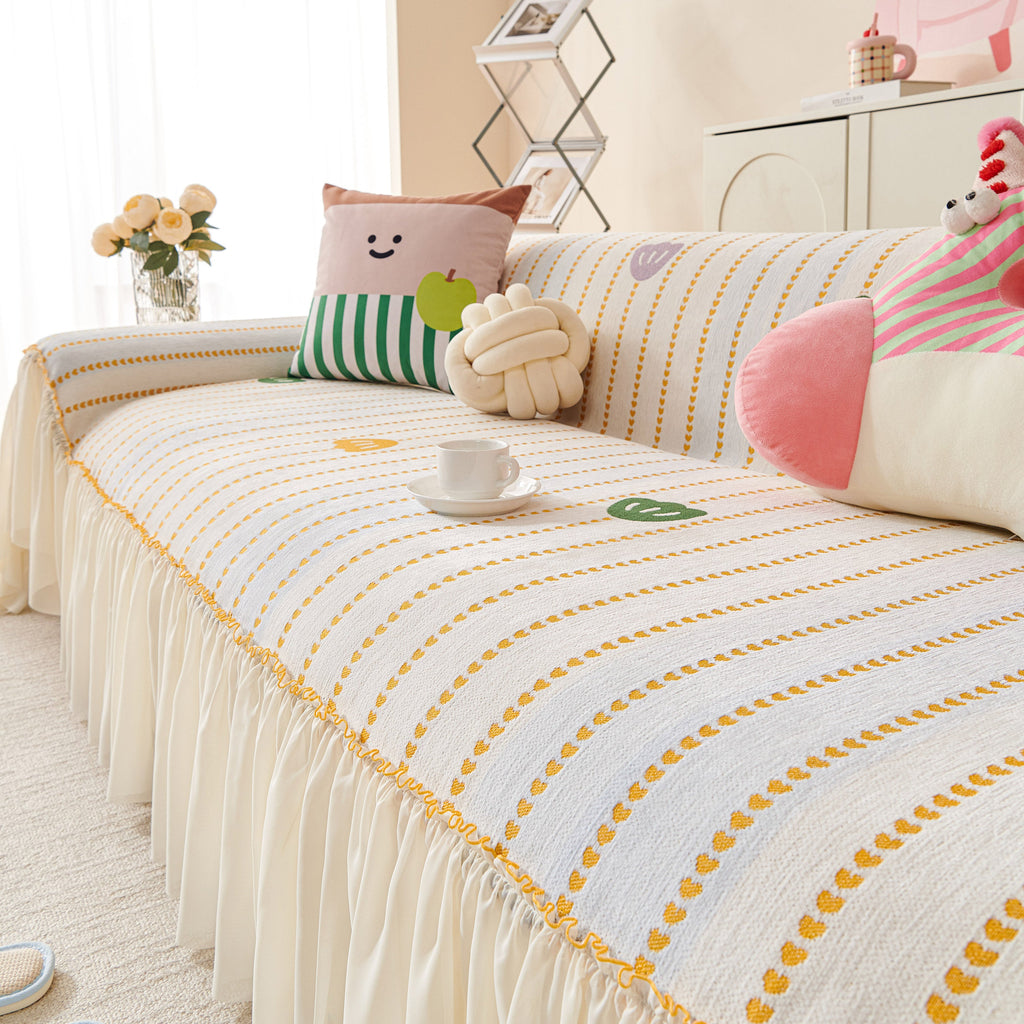 Cute Dotted Stripe Couch Protector, Non-Slip Washable Sofa Cover with Ruffled Skirt