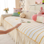 Cute Dotted Stripe Couch Protector, Non-Slip Washable Sofa Cover with Ruffled Skirt