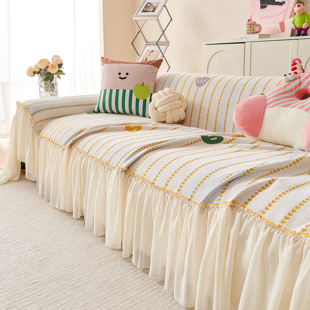 Cute Dotted Stripe Couch Protector, Non-Slip Washable Sofa Cover with Ruffled Skirt