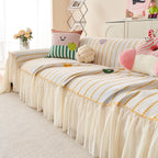 Cute Dotted Stripe Couch Protector, Non-Slip Washable Sofa Cover with Ruffled Skirt