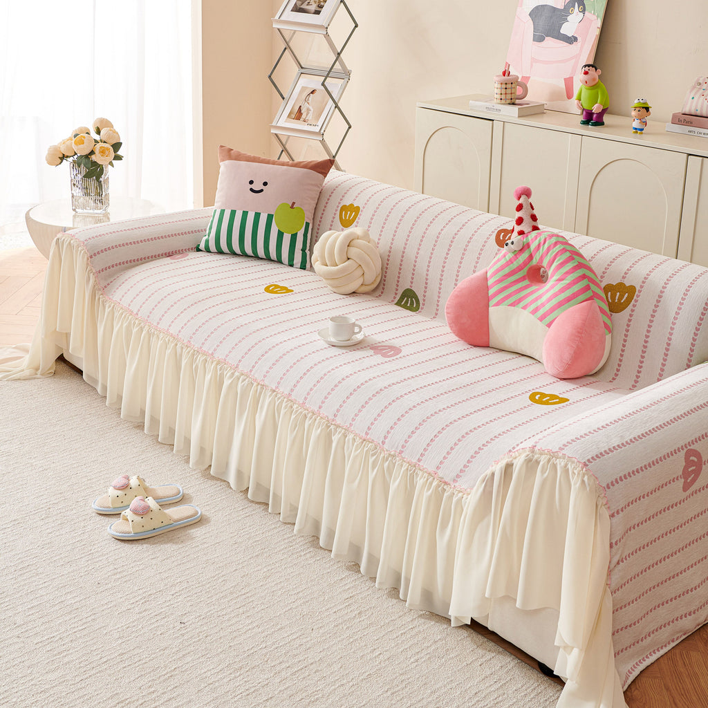 Cute Dotted Stripe Couch Protector, Non-Slip Washable Sofa Cover with Ruffled Skirt