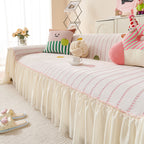 Cute Dotted Stripe Couch Protector, Non-Slip Washable Sofa Cover with Ruffled Skirt