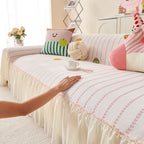Cute Dotted Stripe Couch Protector, Non-Slip Washable Sofa Cover with Ruffled Skirt