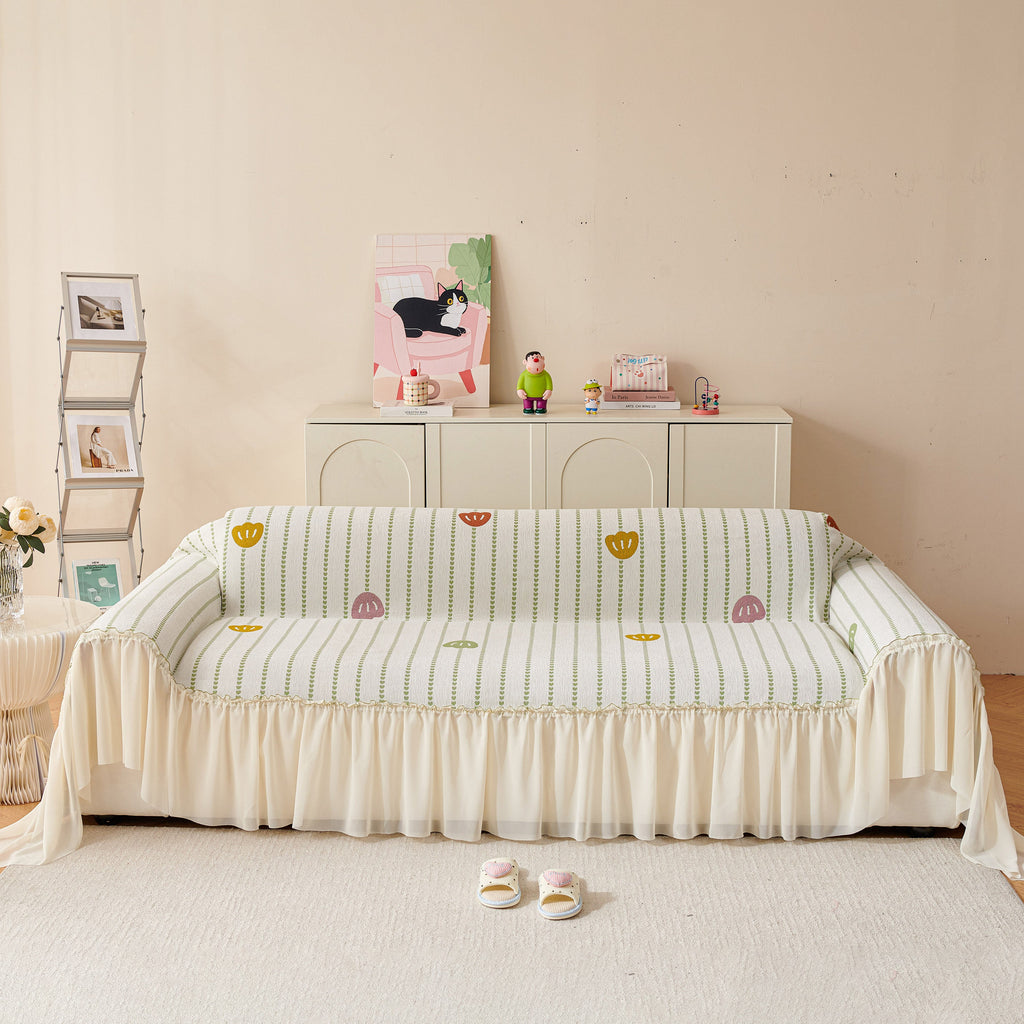 Cute Dotted Stripe Couch Protector, Non-Slip Washable Sofa Cover with Ruffled Skirt