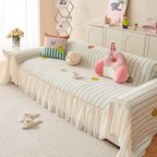 Cute Dotted Stripe Couch Protector, Non-Slip Washable Sofa Cover with Ruffled Skirt
