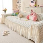 Cute Dotted Stripe Couch Protector, Non-Slip Washable Sofa Cover with Ruffled Skirt