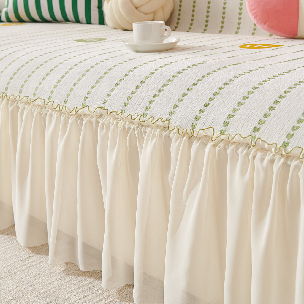 Cute Dotted Stripe Couch Protector, Non-Slip Washable Sofa Cover with Ruffled Skirt