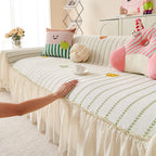 Cute Dotted Stripe Couch Protector, Non-Slip Washable Sofa Cover with Ruffled Skirt