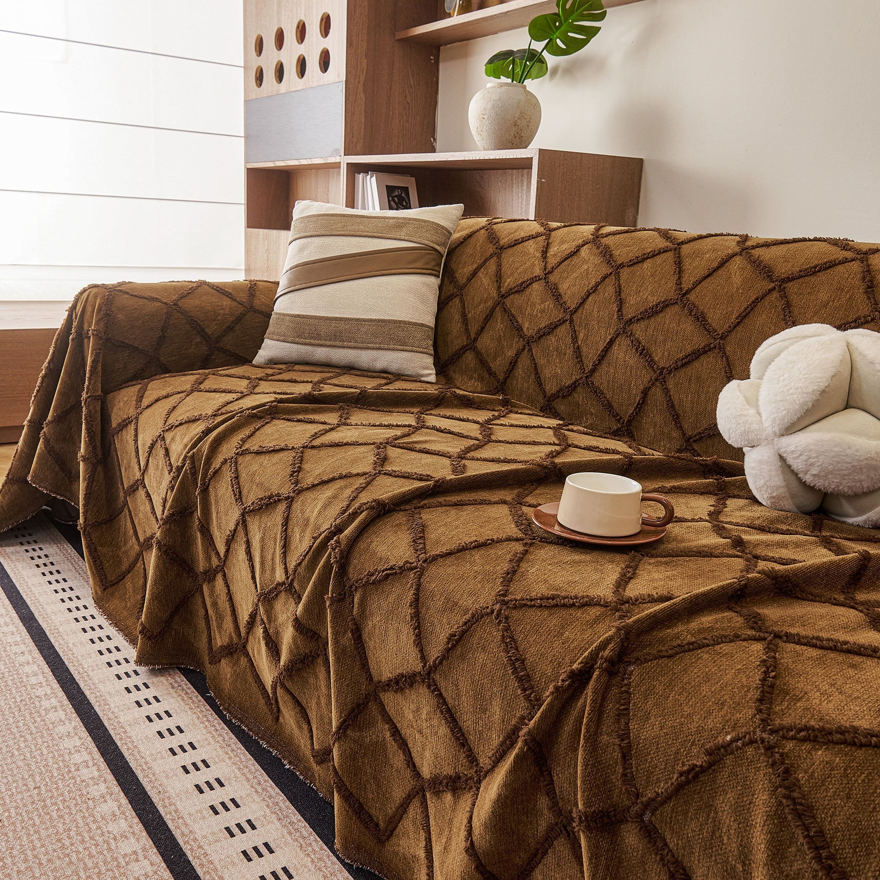 Soft Chenille Sofa Throw Cover, Raised Geometric Texture Furniture Protector Blanket