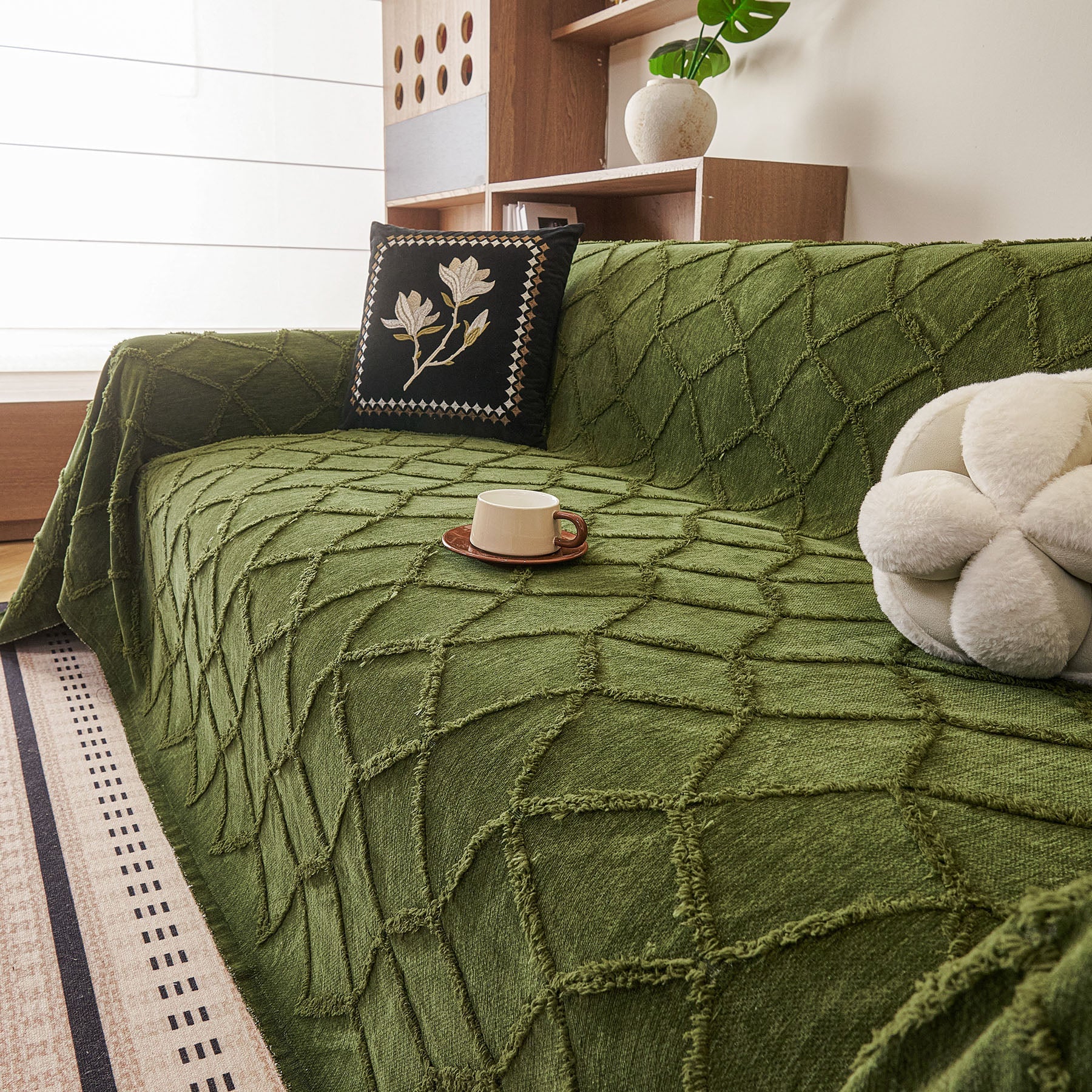 Soft Chenille Sofa Throw Cover, Raised Geometric Texture Furniture Protector Blanket