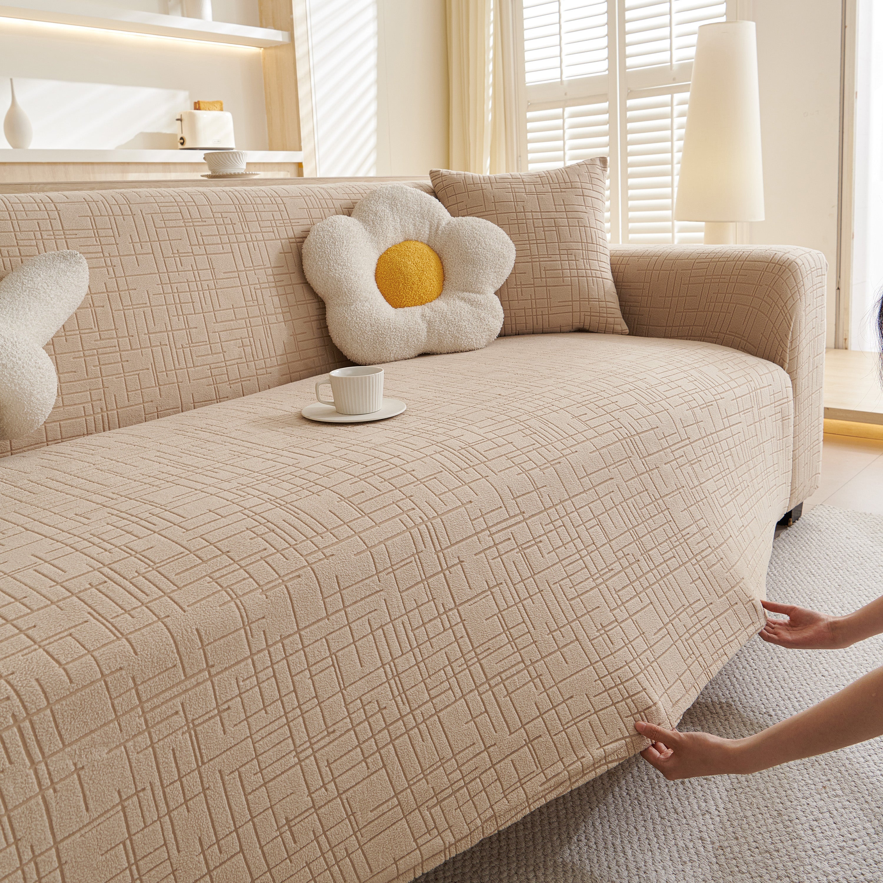 Embossed Lines Couch Covers Stretchable Non-Slip & Washable Sofa Slipcovers